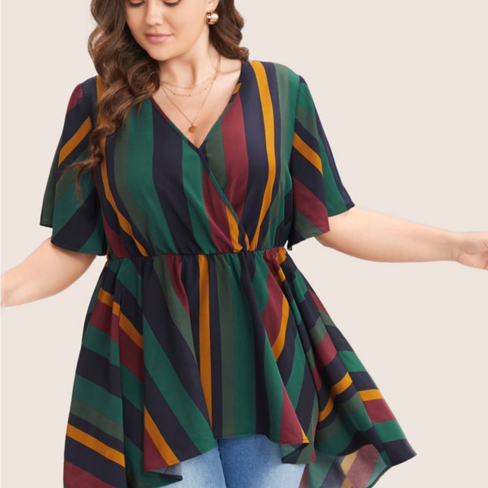 Bloom Chic Striped Contrast Wrap Ruffles High Low Hem Blouse